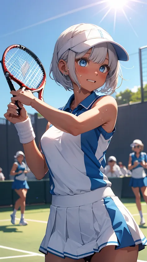 1 Girl、Beautiful silver hair、((((Very short hair))))、Blue eyes、(blue visor)、((Blunt bangs)), 22 years old, ((Tennis uniform)), sleeveless, (tsurime), Tight waist、Natural smile、((panties)), Holding a tennis racket、sexy pose、At the tennis event venue、A large...