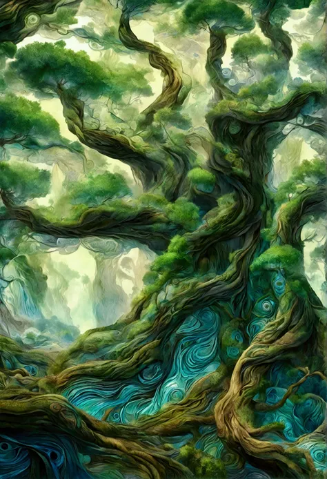 A large tree with green swirling foliage, creating an abstract pattern that seems to dance in the air above its trunk and branches. The swirling patterns create visual depth as they move like graceful swirling lines across the textured background. This sur...