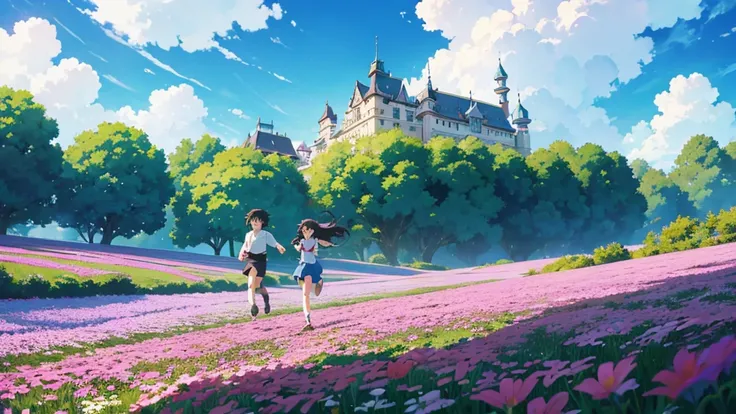 A girl and a boy running through a flower field like an anime castle in the sky, Clouds moving, The wind is blowing, Studio Ghibli Style, long＆Wide Shot,