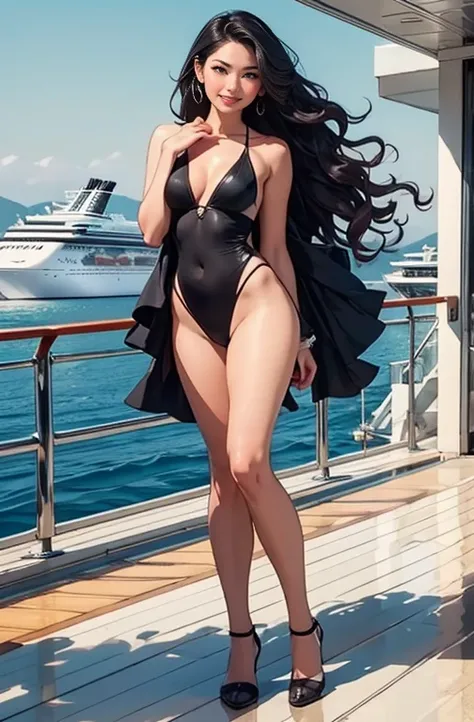 ((NAFW)) A photogenic photo of a Malay woman, small and lean Asian size body, Asian female average height, fair bright complexion, natural medium-size saggy-breast, black medium wavy hair, outdoor photo shoot, full body shot, on cruise ship, sunny sky, win...