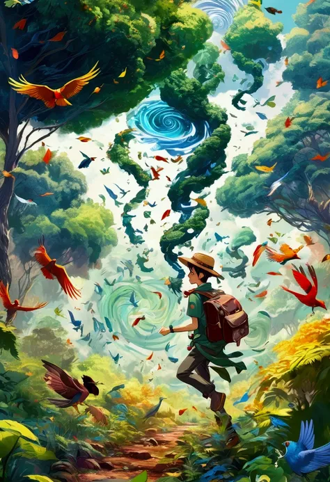 An adventurer wearing a hat and carrying a schoolbag stood in the center, A swirling vortex of leaves and birds, representing the winds power over nature in an anime-inspired illustration. The vibrant colors capture energy as leaves swirl around trees and ...