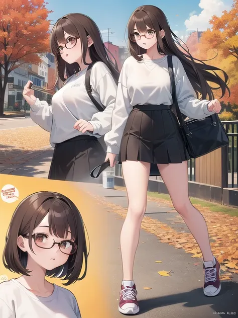 masterpiece, Best quality,ultra detail, a comic , (a comic_panel_layout) brown long hair,girl,Brown eyes,Glasses,sweatshirt,maxi skirt, sneakers,autumn leaves,Park