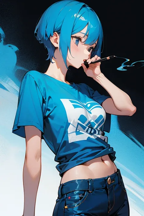 1girl,blue hair,short hair,blue T shirts,blue pants,chocolate sigarett,break ベースを弾いている。