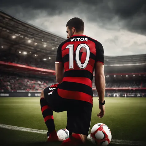 Football player from behind with a black and red horizontally striped shirt with the number 10 and the name vitor