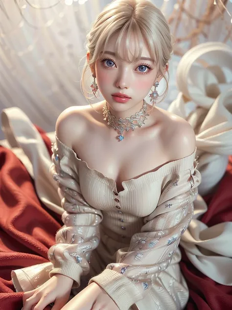 8k,Confused, High resolution, Very detailed, 1 girl, alone, Very beautiful eyes, Ultra-precise depiction, Artistic、Very detailed depiction, (Tangled:1.2), , (White high key background:1.5), (((Red off-shoulder dress 1.5))), 、 short hair、Earrings and Neckla...