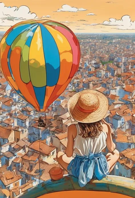 Unbelievable illustrations、Girl and cat sitting on a big balloon、Correct Anatomy、Girl in a straw hat、Smile、beautiful girl、profile、Flying high in the blue sky、Below you can see a small picture of the city.、Fancy、Pop Art、masterpiece、High definition、far and n...