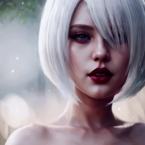 There is a woman with white hair and red lipstick., Realistic Digital Art 4K, Realistic Digital Art 4K, Girl with short white hair, Stunning Anime Face Portraits, Digital Fantasy Portrait, [ 4k digital art ]!!, Stunning digital painting, Highly detailed di...