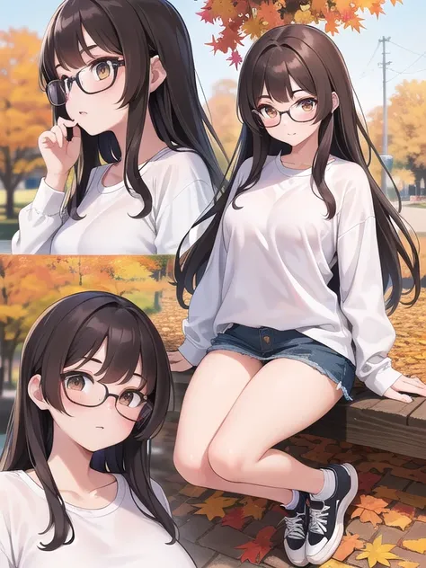 masterpiece, Best quality,ultra detail, a comic , (a comic_panel_layout) brown long hair,girl,Brown eyes,Glasses,naked shirt, sneakers,autumn leaves,Park