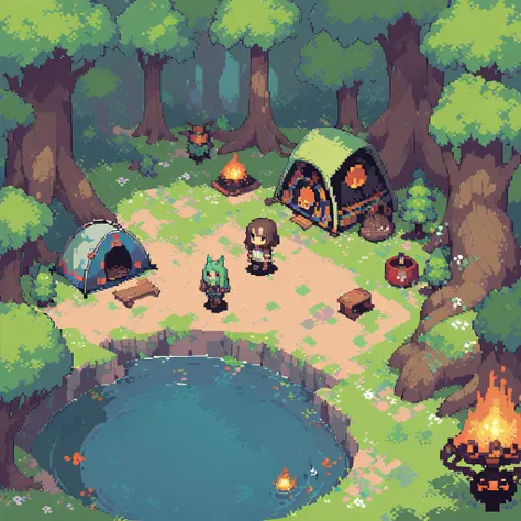 Pixel art,Top View，Pixelated, 8bit, Retro games, Camping in the forest, Detailed sprites, Retro Style, Pixel Animation, One man, Modern horror, Not deformed