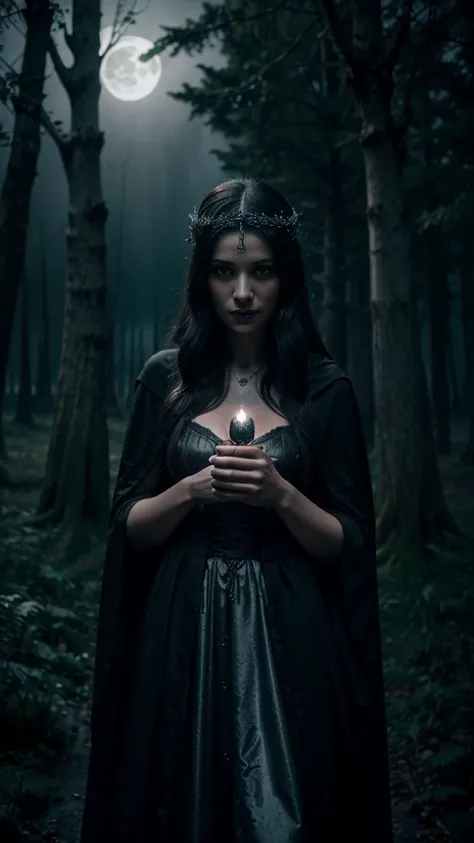 A powerful and mysterious witch standing in a dark, enchanted forest. She wears a flowing black cloak adorned with silver runes and holds a glowing staff. Her eyes gleam with magic as she casts a spell, causing the air around her to shimmer. The forest is ...