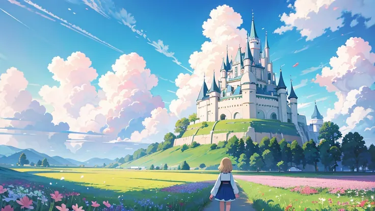 A flower field resembling an anime castle in the sky, Clouds moving, The wind is blowing, Studio Ghibli Style, long＆Wide Shot,