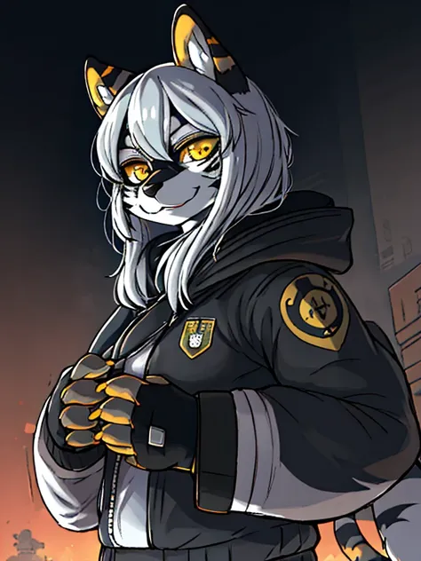 женщина anthro furry tiger ,absurdity, a high resolution, ultra detailed,
1 girl,oversized hooded jacket,whole body,
 Original character,girl,gray hair,yellow eyes,shoulder-length hair, complex black mask, military general, {Best quality}}, {{masterpiece}}...