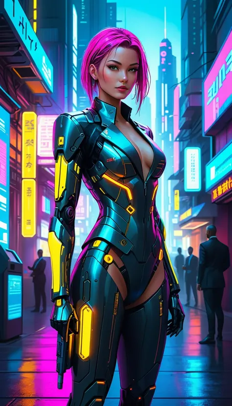 cyberpunk girl, cybernetic lawyer, full body shot, digital painting, sci-fi, hi-tech implants, digital law books in hand, elegant and very expensie modern female suit, strong contrast lighting, light neon cyberpunk city in day background, complex intricate...