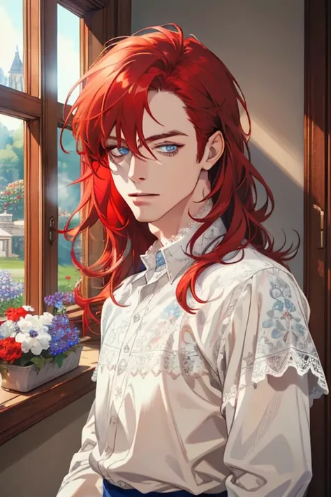 1 man, Realistic, master-piece, bestquality, Beautiful, detailed eyes and detailed faces.,natural light, European retro, White shirt, lace, Long dark grey red hair, blue grey eyes, attractive, depressed, Decorative flowers, sunbeam, 31 years.