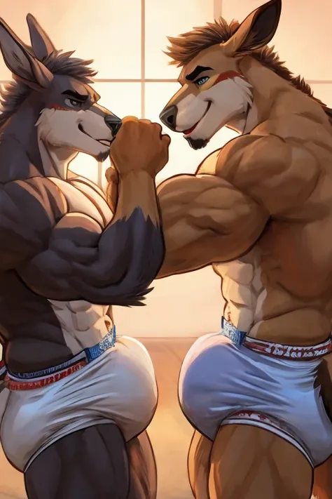 2 buff adult kangaroos wearing thick diapers sparring