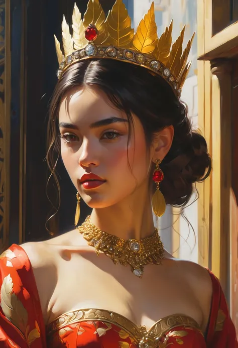 (gold leaf art:1.5), (oil paint art:1.2), (oil painting on canvas), (extremely detailed CG unity 8k wallpaper), full shot body photo of the most beautiful artwork in the world, medieval queen, red  vale, zendaya face, zendaya body, golden crown, diamonds, ...