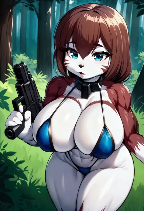 Star Wars, a chipmunk themed alien woman (sexy furry bikini, huge eyes, huge breasts, athletic, body fur, blaster pistol, cute) is sneaking up on an Imperial base. Forest
