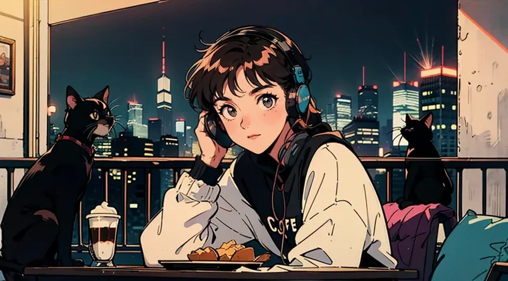 1girl, extremely detailed eyes and face, headphones, long dark hair, bright brown eyes, 80s style, 2010s hairstyle, night cityscape, city-light, relaxed coffee, table, snacks, looking at viewer, one black cat