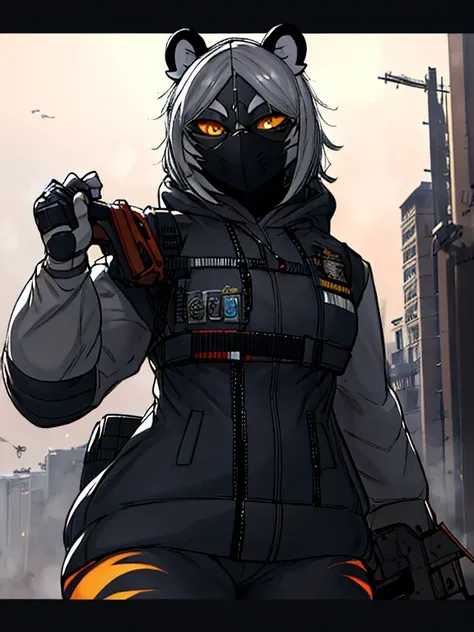 женщина anthro furry tiger ,absurdity, a high resolution, ultra detailed,
1 girl,oversized hooded jacket,whole body,
holding mechanical chainsaw, Original character,girl,gray hair,yellow eyes,shoulder-length hair, complex black mask, military general, {Bes...