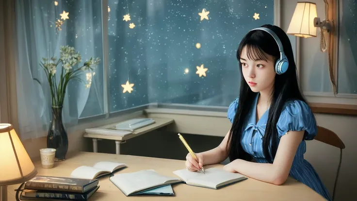 Ultra HD、super high quality、masterpiece、detailed、8k、The location is your room、High school girl in room１He is sitting and writing in his notebook while listening to music on headphones.、Study at a desk、15-year-old high school girl、The high school girl is Ja...