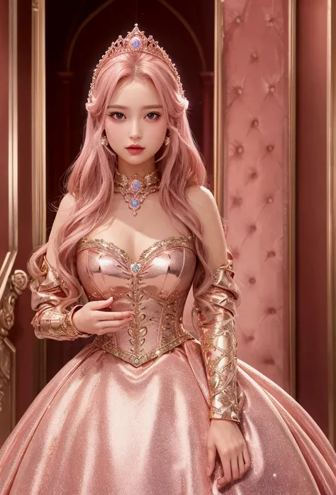 Realistic fair skinned woman in a pink gold and rose gold themed princess knight outfit