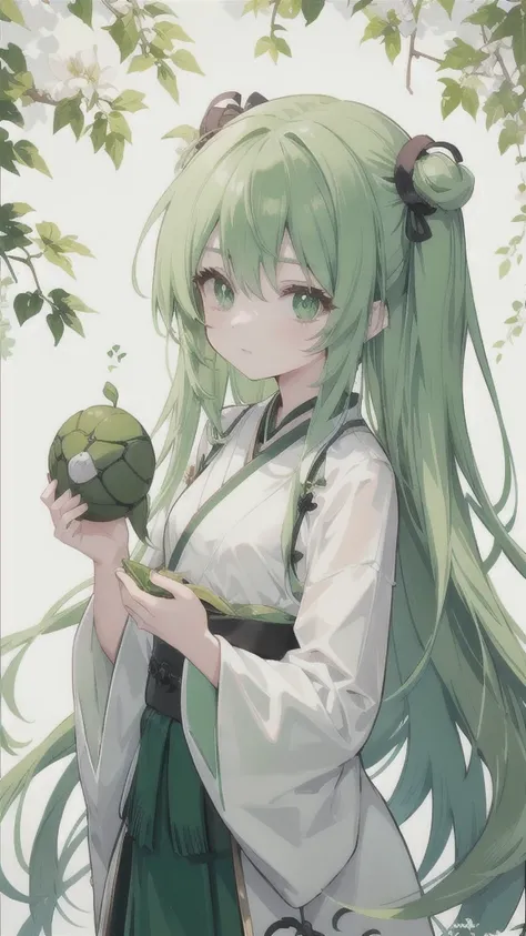 a girl with long emerald green hair, jade green eyes, wearing a dark green and black hanfu, turtle