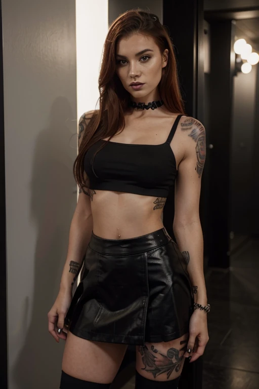 Sexy, ginger, girl with tattoos,  black skirt, croptop confident, dominant, dark makeup, standing, black highheels