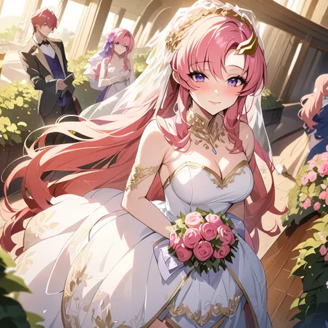 ((Highest quality)), ((masterpiece)), (detailed), （Perfect Face）、The woman is Lacus Clyne, the wife of Orpheus, King of Accord, and Queen of Accord. She is wearing a vintage wedding dress and wedding veil with gorgeous gold embroidery and trim, beautifully...