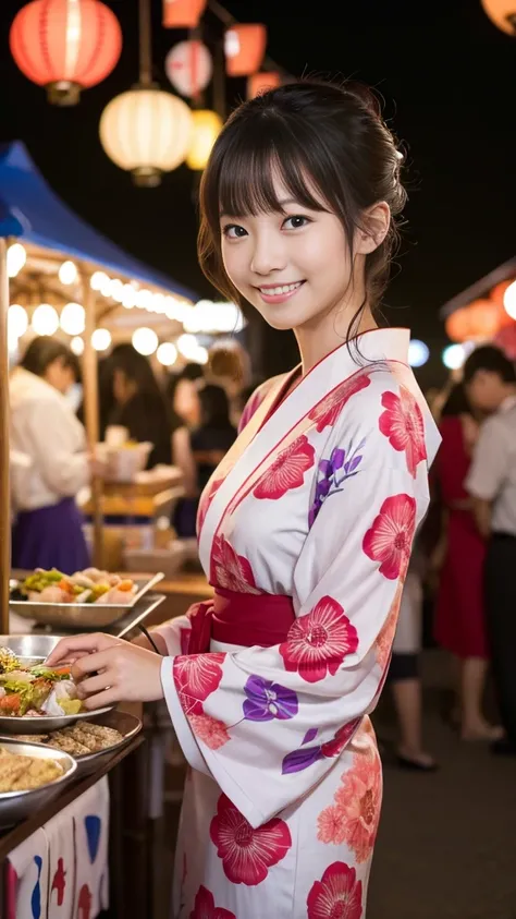 Having hair upstyled、Very Beautiful Japan Woman。She was wearing a long-sleeved light red yukata.、She has striking bluish-black eyes and a bright smile.、Has an elegant posture。The background is a summer festival venue at night with many food stalls set up.。...