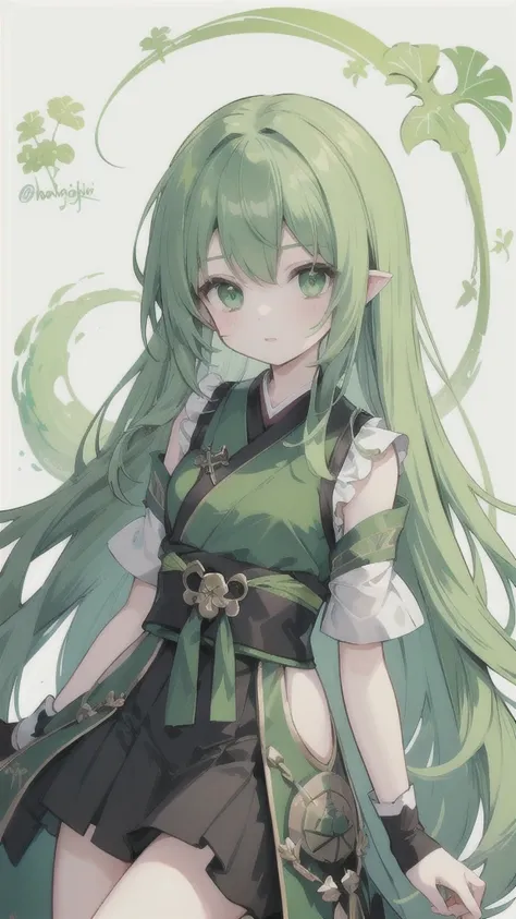 a girl with long dark green hair, jade green eyes, wearing a dark green and black hanfu, turtle