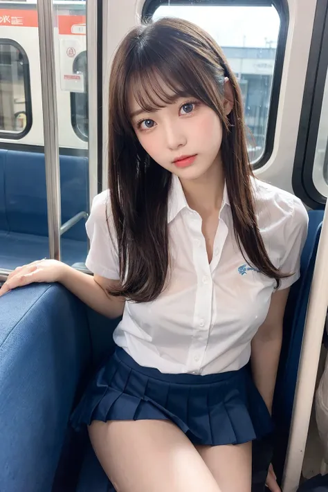 Tabletop, Highest quality, One Girl,Show off her white panties１．６Squat (beautiful girl, Cosplayers:1.3), (16 years old:1.2), Definition of Very Fine Particles, (Symmetrical eyes:1.3), (Beautiful views, Sit in a long seat on the train), (Low angle shot, Fro...