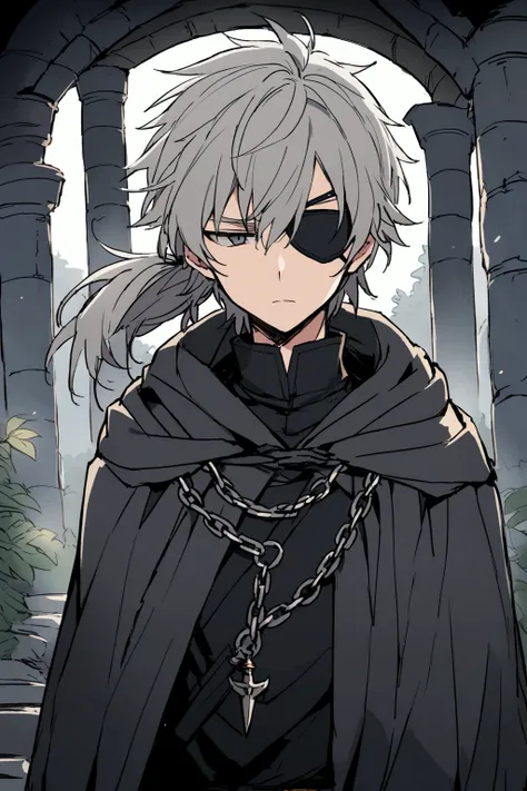 Anime character, a man, medieval era. Young man, 20 years old, large body, cold expression, fierce gaze, short messy gray hair, ponytail, left eye patch, black clothes, black shirt, dark cape with hood, chains. front camera, half body. In the middle of the...