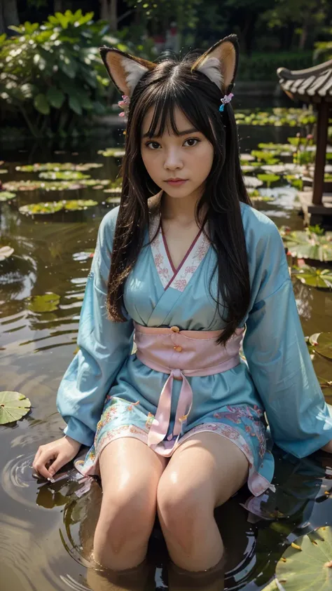 absurdres, highres, ultra detailed, (1girl:1.3), hand drawn, simple line, 16yo girl in colorful Chinese Hanfu, sexy girl with fox ears, at the lotus pond, masterpiece, sitting in water, floating clothes, floating hair