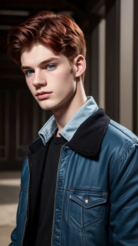 19 year old boy MAN, pale skin, gorgeous face, blue colored eyes, red hair, is wearing a black jacket, super realistic image.