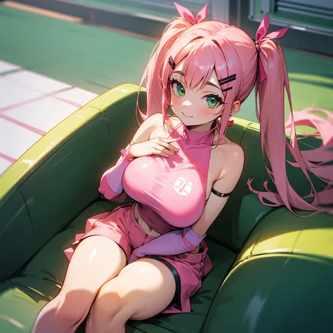 extremely detailed CG, high resolution, best quality, masterpiece, nicole demara(zzz), pink hair, hair ribbon, twintails, two side up, tube top, bare shoulders, huge breast , huge , micro shorts, green eyes, looking at viewer, hair clip sitting, smile,