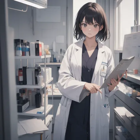 (raw photo, Best Quality),  masterpiece, Serious, natural lighting, 1 girl, 
lab coat, doctor&#39;s coat, Hospital operating room,  surgical light, naomi stethoscope_gratefully, nice legs, multicolored hair. multicolored eyes.