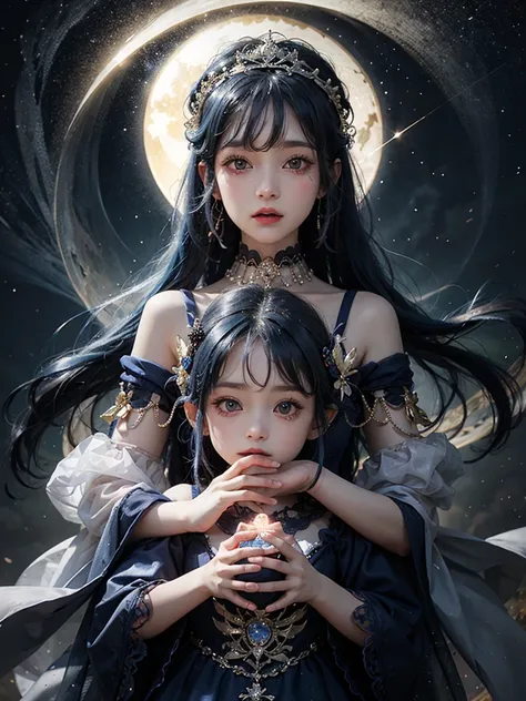 Ultra HD、A beautiful blue-haired character、Upper Body、幼児のようなBig eyes、Big eyes、Round eyes、Fortune teller with crystal、Holding the crystal in both hands、Red burning cheeks、Night scene with starry sky background、Wearing a gorgeous dress、Subtle details、A fanta...