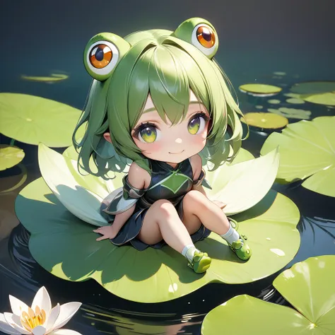 (masterpiece, best quality:1.2), cute, ultra-small deformation, solo, frog girl, slight smile, sitting on lily pad, generated in...