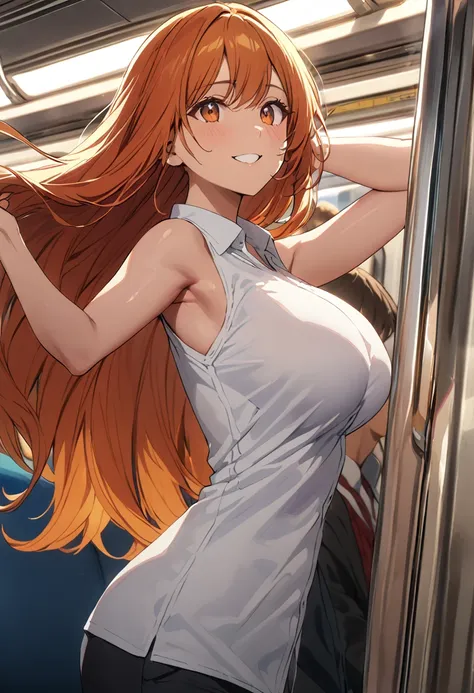 1 woman, solo, tall woman, long orange hair, straight hair ,orange eyes, (full breasts), high height,masterpiece, high resolutio...