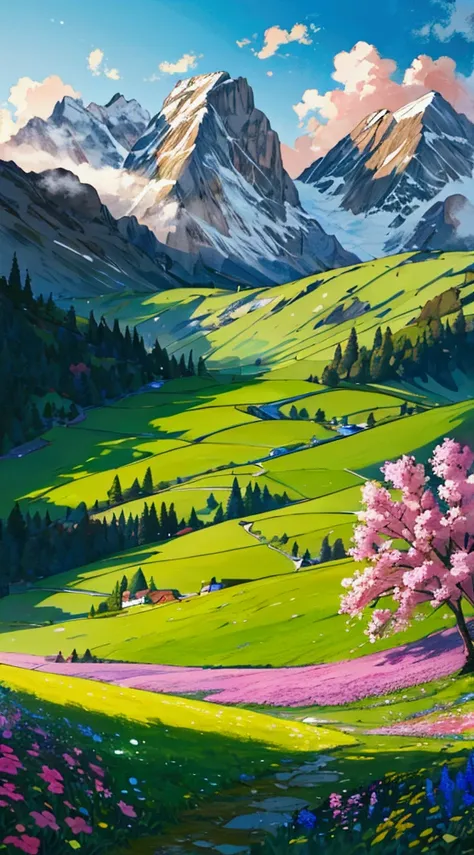 a painting of a flowers meadows and a mountain scene with flowers in the foreground, mountain behind meadow, mountainous backgro...