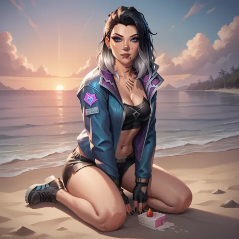 1girl, solo, fade_valorant, on the beach, eating icecream, full body shot, blue jacket, black white multicolored hair, two-tone hair, long hair, detailed_eyes, detailed face, scar one nose, lip piercing, neck tattoo from a bear paw, makeup, perfect body, n...