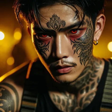 close-up picture of face; a young thai man wears a tosakan mask with detailed tattoos on his face., wear long pants with sweat a...