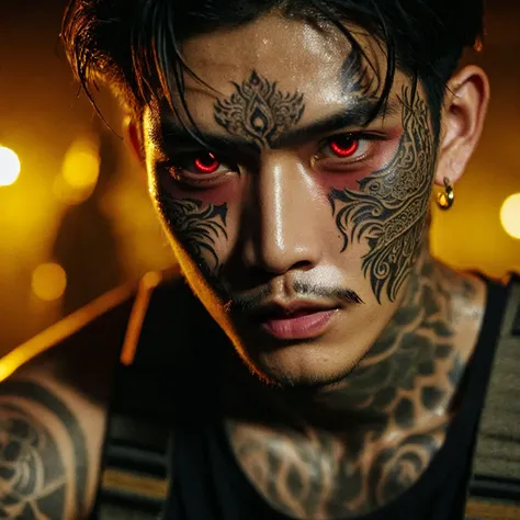 close-up picture of face; a young thai man wears a tosakan mask with detailed tattoos on his face., wear long pants with sweat a...