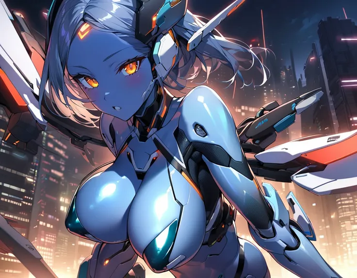 android girl(metallic skin, big breast, cyber joint, mechanical wing), night, assault,