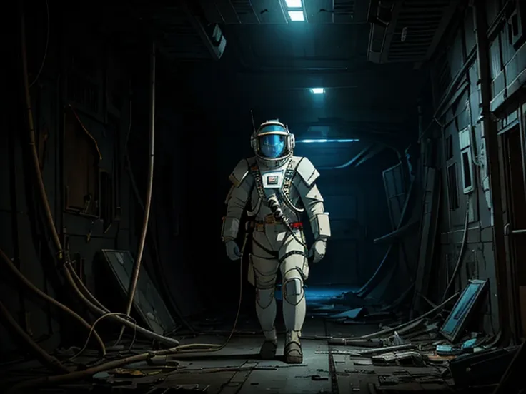 masterpiece, great detail, astronaut soldier, looking straight ahead, white uniform, armor scifi, alone, abandoned spaceship, wr...