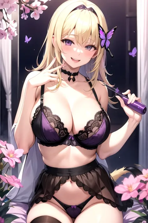 foggy spring, smile, Open your mouth, Blonde,Side Tail,Purple butterfly hair accessory, Black underwear,Large Breasts,Lace bra,Handjob,Stimulating a man&#39;s nipples with both hands,Leaning forward,On the bed,Kiri Izumi,