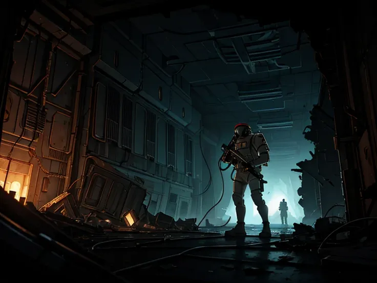 masterpiece, great detail, Astronaut Soldier, shooting up, rifle in hand, looking straight ahead, White uniform, armor scifi, Alone, abandoned spaceship, wrecked ship, low light, destroyed hallways, Cables, Cables, Lights, darkness, tenacles,tentacles