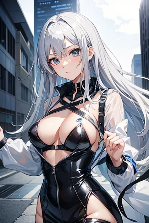 Anime sexy girl with silver hair wear bra and micro skirt