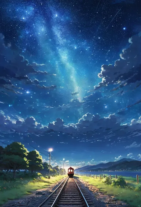 High-quality masterpiece, landscape, cloud, Cartoon train passing a body of water on the tracks in the distance, Bright starry sky. Visitors, Romantic Lighting, pixiv, Concept Art, Lofy art style, reflection. Shinkai Makoto, Trophy Art, Beautiful anime sce...