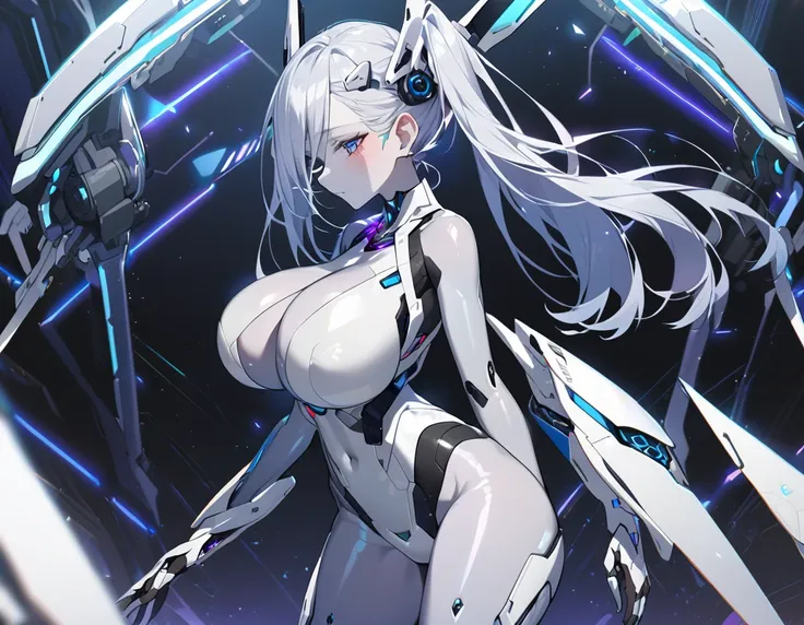 android girl(silver metallic skin, big breast, cyber joint, mechanical wing)